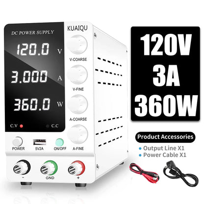 KUAIQU Adjustable DC Power Supply – Lab Bench 30V 10A, 60V 5A, 120V 3A with Preset Current & USB Interface
