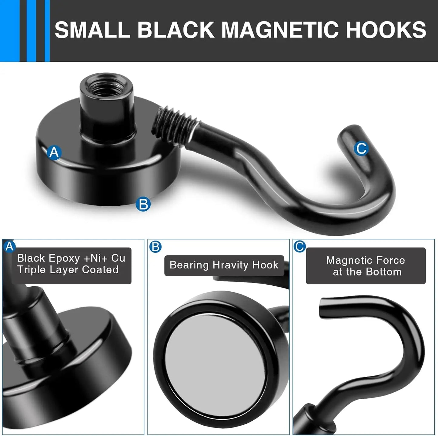 Heavy-Duty Magnetic Hooks — Strong Magnet Hangers for Home, Kitchen, Office & Workplace (Pack of 4/6/8/12, Black)