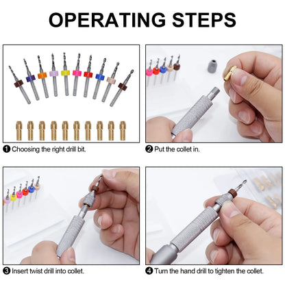 11/21-Piece Needle Vise Set – Hand Twist Drill with Double Bearing and Interchangeable Rotary Bits of Various Sizes