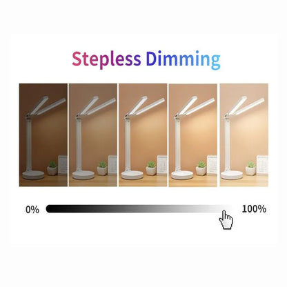 LED Clock Table Lamp – USB Rechargeable, Dimmable Desk Lamp with 2 Heads, 180° Rotate, Foldable, Eye Protection for Reading
