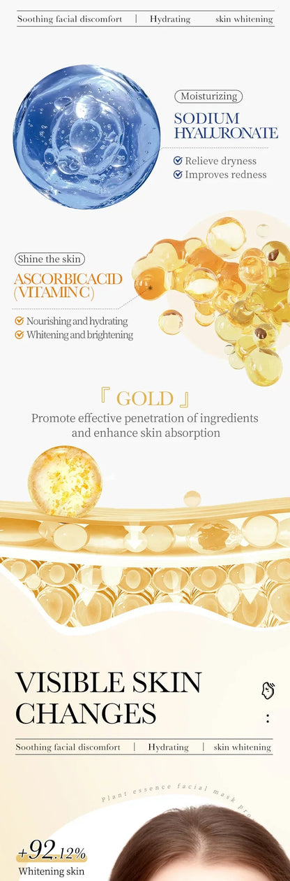 15pcs 24K Gold Hyaluronic Acid Face Mask, Firming, Moisturizing, Anti-Wrinkle, Whitening Skin Care Masks