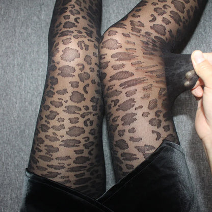 Women’s Sexy Sheer Pantyhose – Thin Transparent Gothic Black Leopard Pattern Tights, Seamless Vintage Stockings