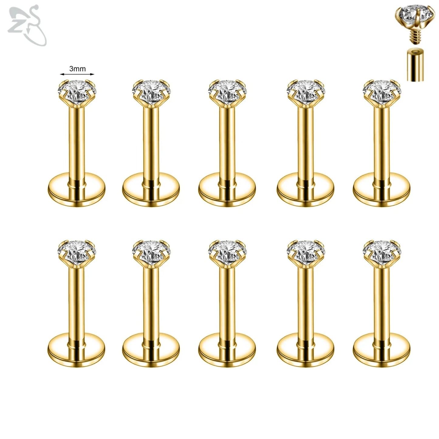AOEDEJ 10PCS Gold Stainless Steel Labret Lip Studs – 16/18G CZ Crystal Helix, Cartilage & Tragus Piercings (2–6mm)