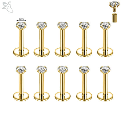 AOEDEJ 10PCS Gold Stainless Steel Labret Lip Studs – 16/18G CZ Crystal Helix, Cartilage & Tragus Piercings (2–6mm)