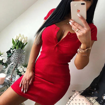 Women’s Summer & Fall Knit Mini Dress – Sexy Casual V-Neck Bodycon Dress with Chest Buttons and Short Sleeves