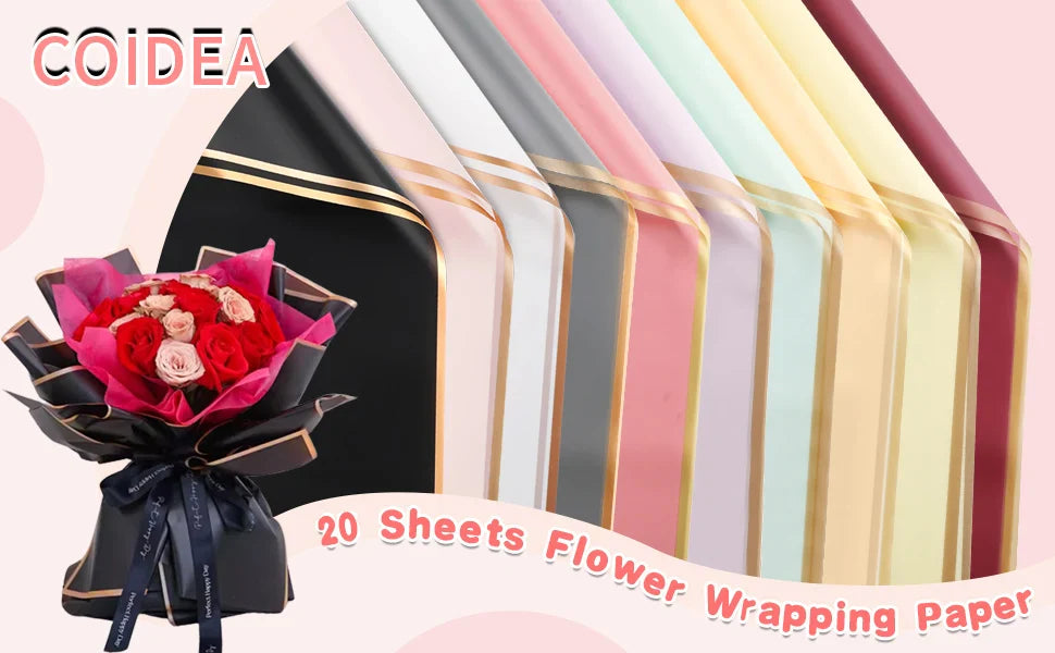 20 Sheets Matte Black Flower Wrapping Paper with Gold Edges – Waterproof Gift Wrap for DIY Wedding & Birthday Presents