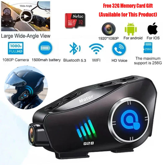 Motorcycle Bluetooth Helmet Headset BT5.3 - HD 1080P Driving Recorder, Wireless Camera & Call Headset with Hard Disk Video Recorder