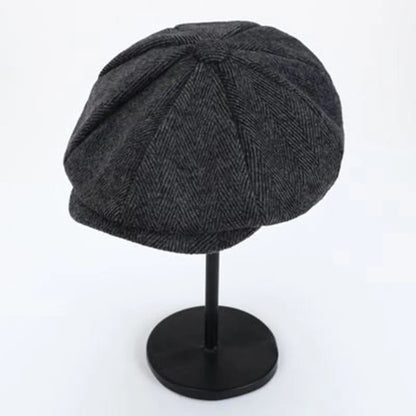 Men's Retro Newsboy Cap - Octagonal Flat Hat with Herringbone Design, British Painter Style Beret for Autumn and Winter