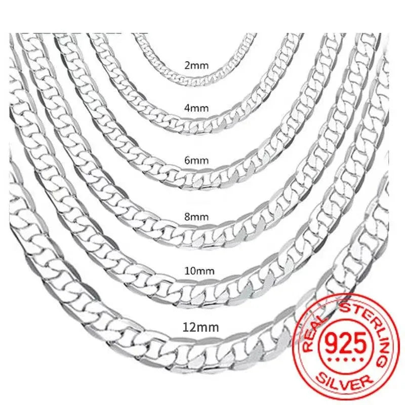 925 Sterling Silver Necklace — 2–12mm Width, 40–75cm Long Chain with Lobster Clasp for Men & Women, Engagement Jewelry