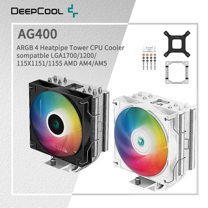 DEEPCOOL AG400 ARGB Air Cooler — 4 Heat Pipe CPU Cooler with PWM for Intel LGA1700/1200/115X & AMD AM4/AM5