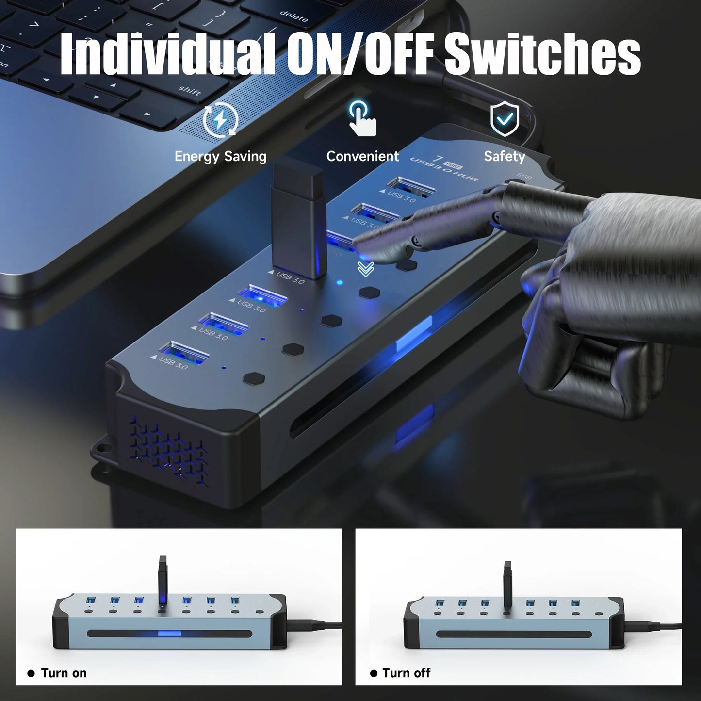 10-in-1 USB 3.0 Powered Hub — RGB E-Marker with Individual Switches & Heat Dissipation, DC 5V Adapter