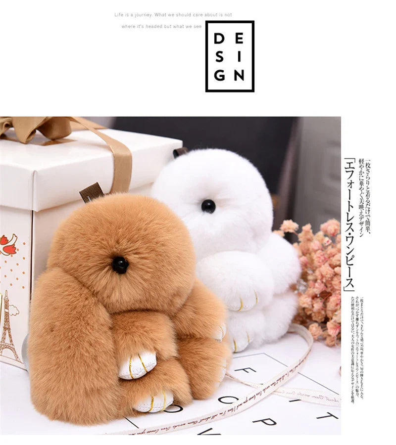 Fluffy Rabbit Fur Pompon Keychain – Cute Bunny Bag and Car Key Ring for Women and Girls