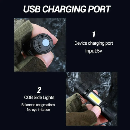 Mini Rechargeable LED Torch Flashlight - Portable USB Charging, High Power Bank - Waterproof Lantern for Camping, Long Range Illumination