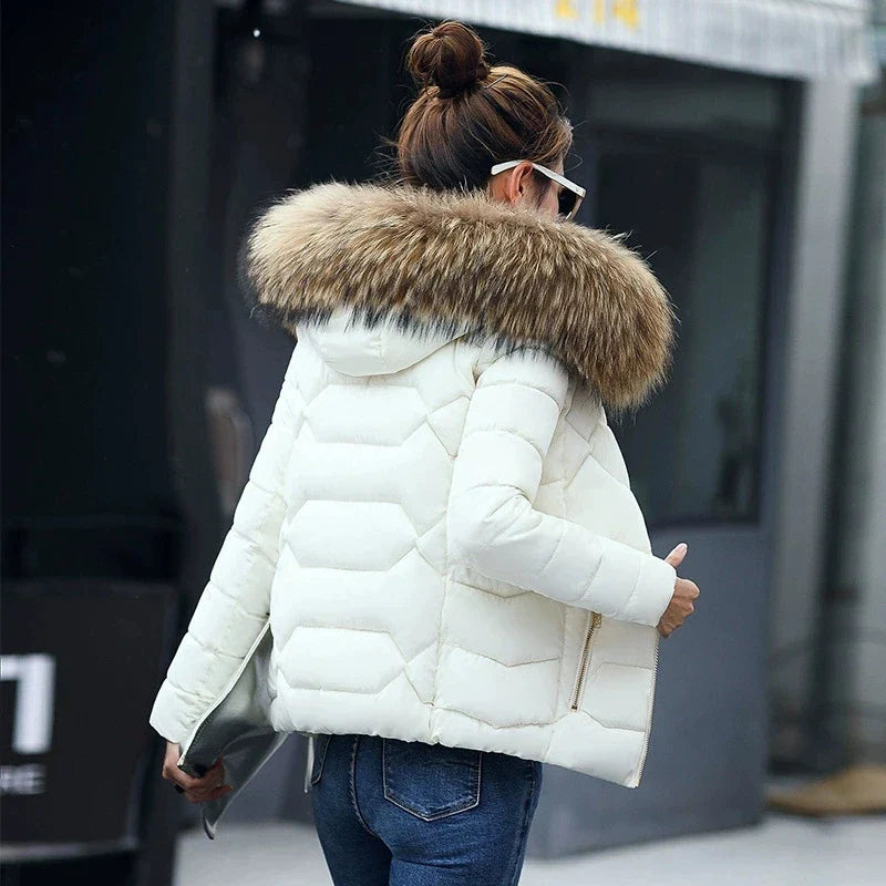 2025 Women’s Autumn Winter Short Cotton Coat – Large Size Padded Parka with Fur Collar, Warm Casual Jacket
