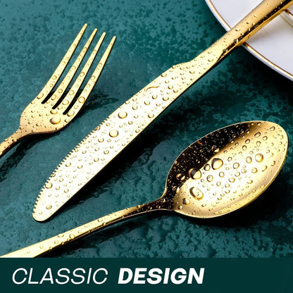 24-Piece Stainless Steel Black Flatware Set — Elegant Knife, Fork & Spoon Cutlery with Mirror Polish, Gold Accents, Dishwasher Safe