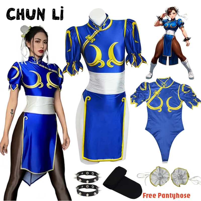 Chun-Li Cosplay Costume - Women’s Blue Cheongsam Dress with Headdress & Waistband for Halloween