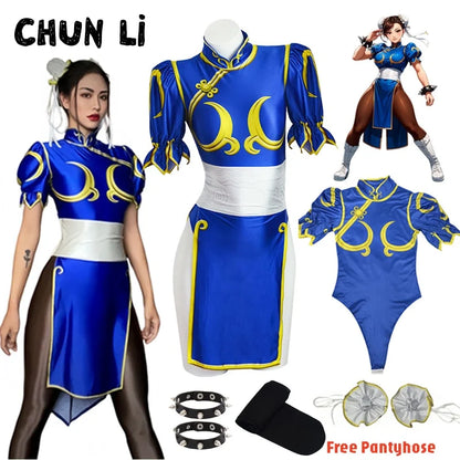 Chun-Li Cosplay Costume - Women’s Blue Cheongsam Dress with Headdress & Waistband for Halloween