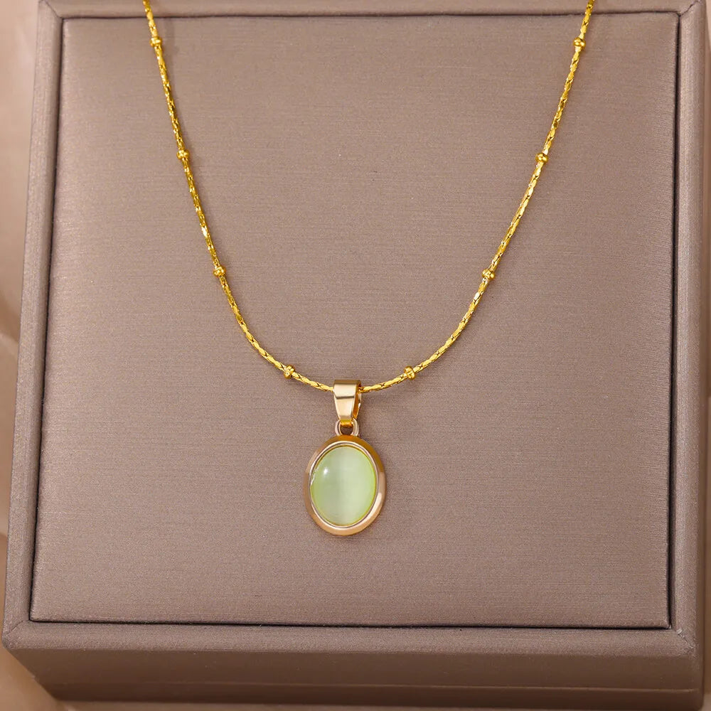 Fashion Opal Oval Necklace for Women – Gold Stainless Steel Pendant, Aesthetic Wedding Jewelry Gift