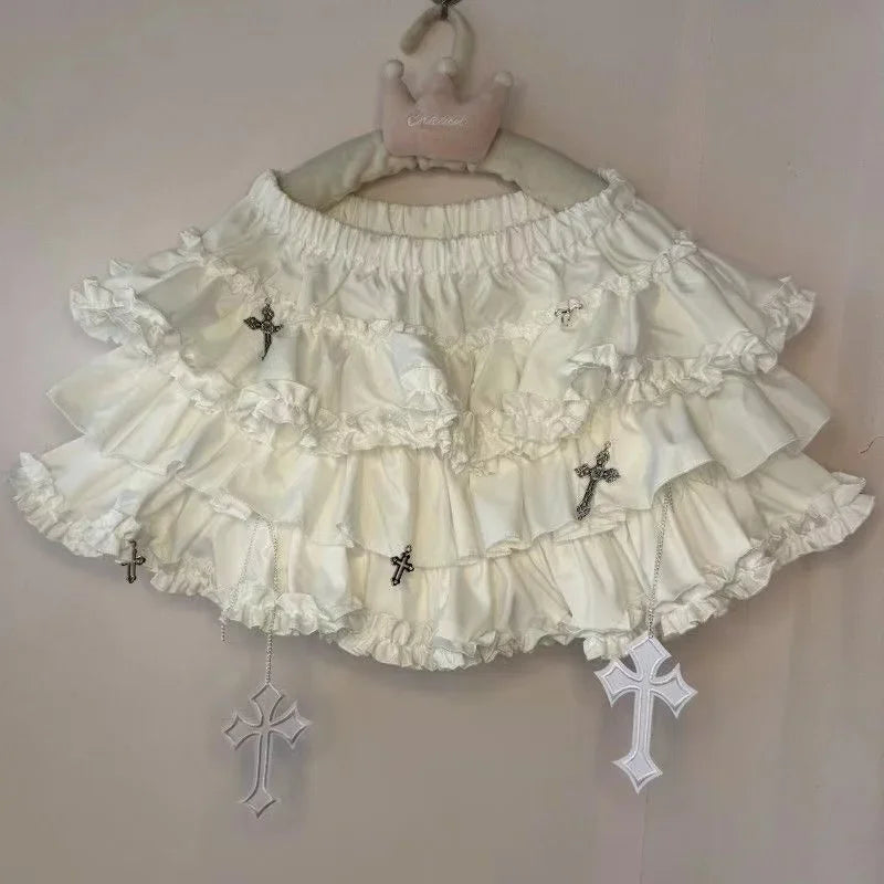 Y2K Gothic Ruffle Skirt - Black & White Polka Dot Punk Lolita Mini Skirt