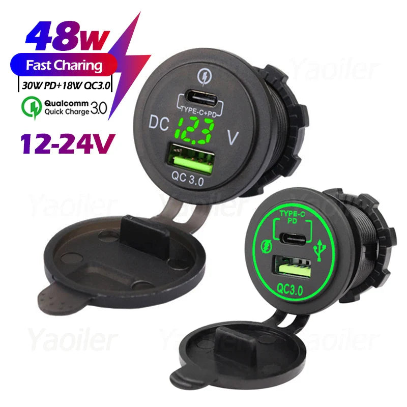 48W Quick Charge 3.0 Waterproof USB Car Charger 12V/24V PD Type-C + QC3.0 Dual USB Fast Charging Socket with LED Voltmeter for Cars, Trucks & Boats