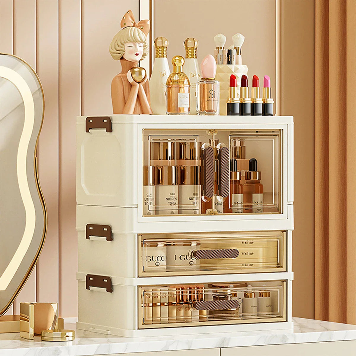 Foldable Transparent Cosmetic Organizer — Multi-Layer Drawer-Style Desktop Beauty Storage Box, Dustproof Makeup Organizer