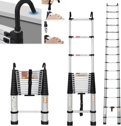 DayPlus 3.2-6.2M Telescopic Ladder with Roof Hook Kit – Portable, Heavy Duty Aluminium Multi-Purpose Folding Extendable Ladder