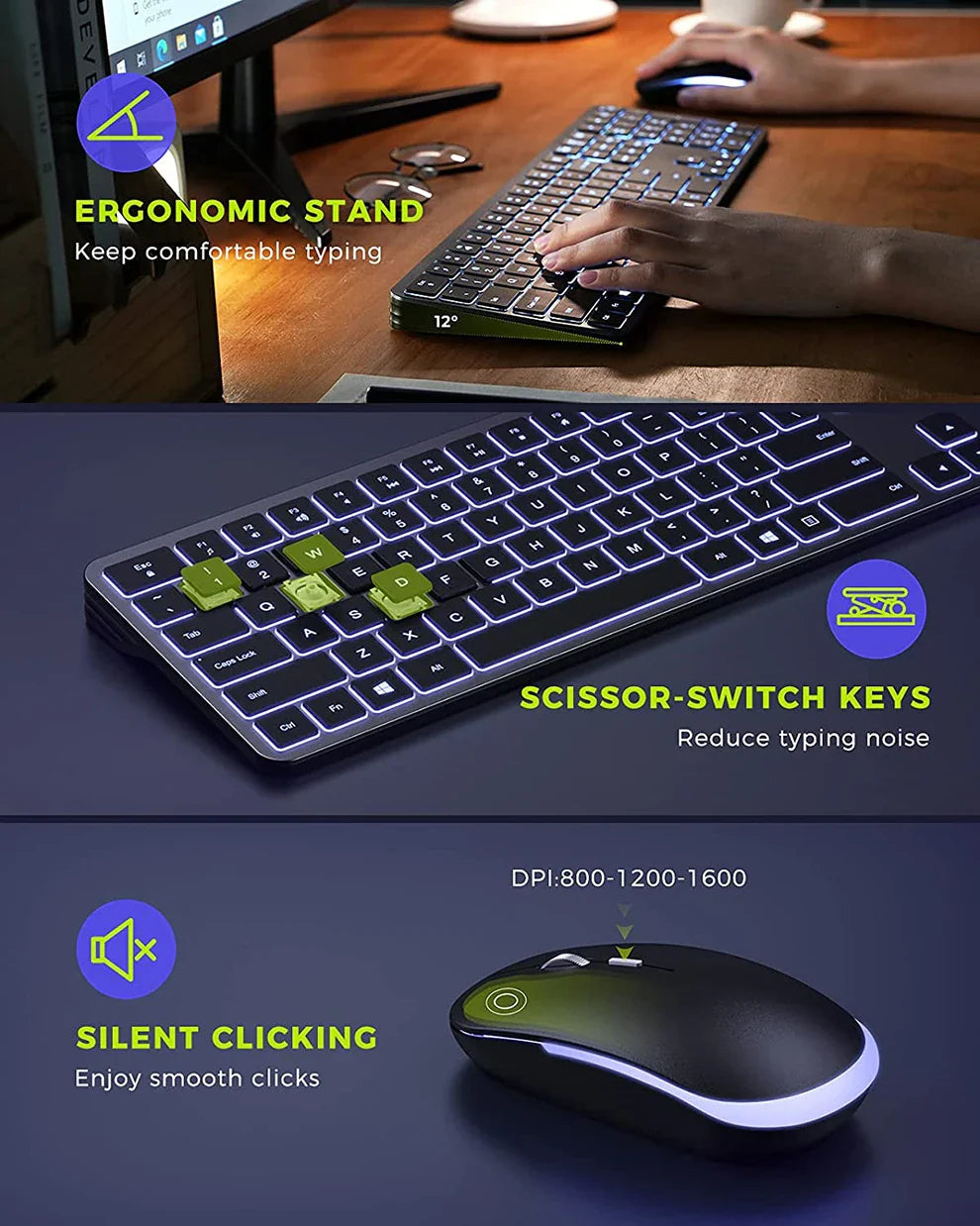 Backlit Wireless Keyboard and Mouse Combo – 2.4G USB Rechargeable Silent Full-Size Slim Set