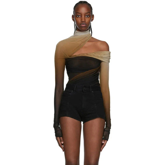 Sexy Off-Shoulder Mesh Jumpsuit Top – Slant Breasted, Hollowed-Out, Gradient See-Through Base Shirt