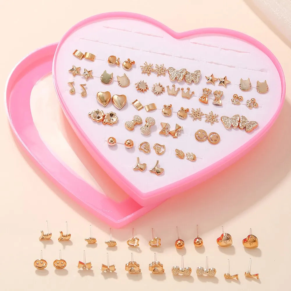 Random 36 Pairs/Lot Lovely Mini Earring Set - Cute Snowflakes, Cat, Butterfly Stud Earrings for Girls' Fashion Daily Ear Jewelry