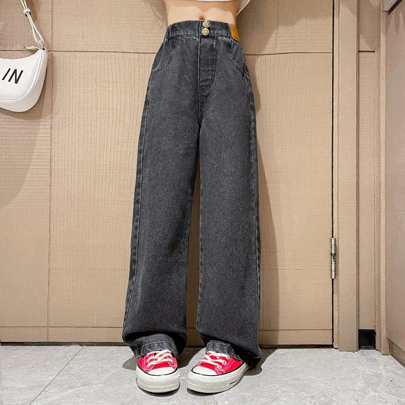 New 2024 Teenage Girls’ Blue Street Cartoon Jeans – Elastic Mid-Waist Loose Wide-Leg Denim Pants for Spring Fashion