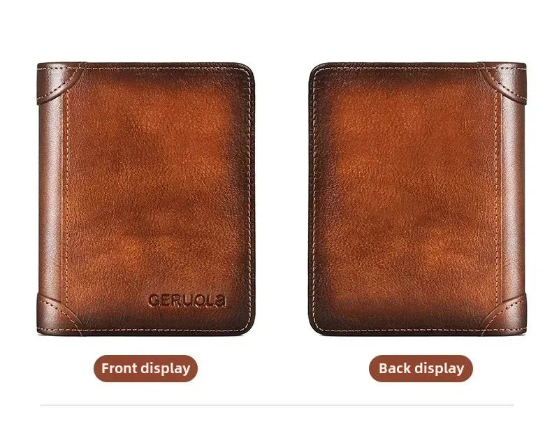 Genuine Leather Men’s Wallet – RFID Blocking Trifold, Vintage Thin ID & Credit Card Holder, Multi-Function Purse