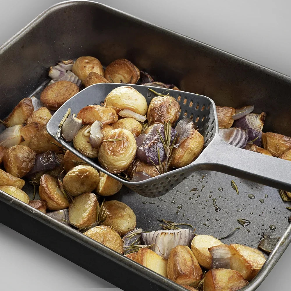 Scoop Colander Kitchen Strainer — Nylon Slotted Skimmer with Handle for Food Draining, Cooking, and Baking