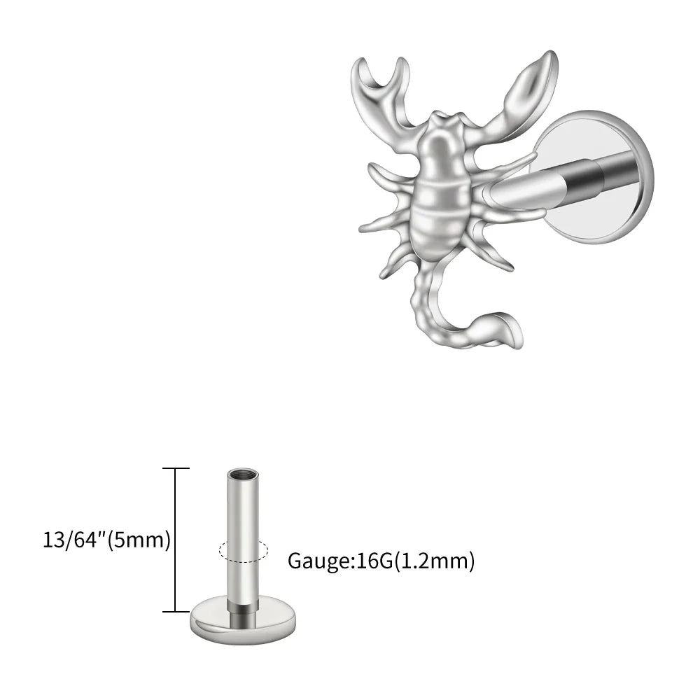 Right Grand ASTM F136 Titanium 16G Scorpion Labret Stud Earring – Flatback Zodiac Design for Tragus, Helix & Cartilage Piercing Body Jewelry