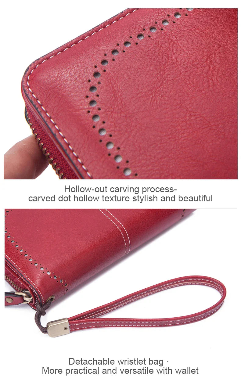 Vintage Large Capacity Women's Purse – Monochromatic Multi-Card Long Wallet with Zipper & Wrist Strap