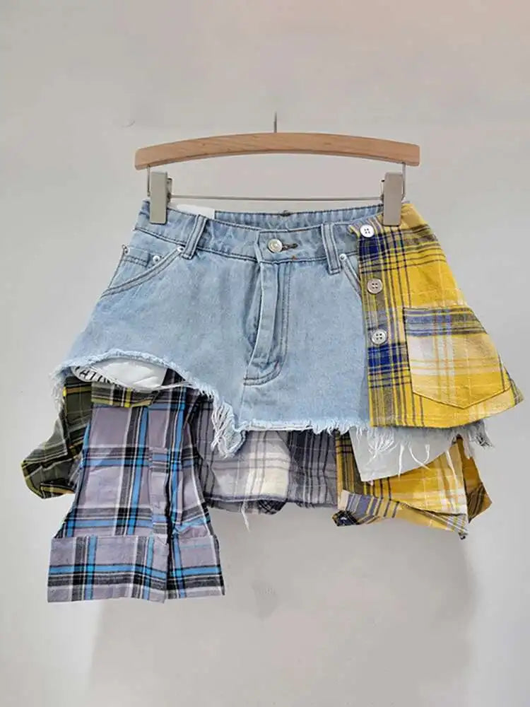 DEAT Women’s Denim Mini Skirt — Colored Plaid Patchwork Irregular A-Line, High Waist Summer 2025 Fashion Skirt