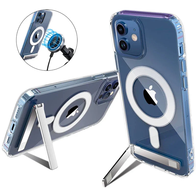 Clear Magnetic Phone Case with Kickstand for iPhone 16, 15, 14, 13, 12, 11 Mini – MagSafe Compatible, Wireless Charging Back Cover