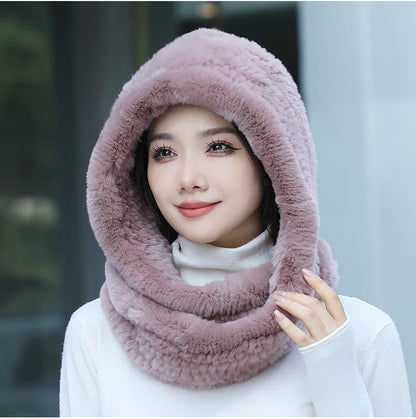 2025 Women’s Knitted Rex Rabbit Fur Hat – Hooded Scarf with Neck Collar, Long Winter Warm Fur Hat & Scarf Set