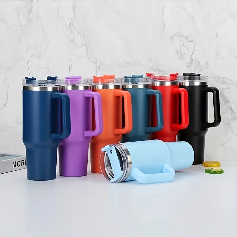 40oz Stainless Steel Insulated Water Bottle with Handle – Cold-keeping Tumbler with Lid, Straw, and Mug for Summer Outdoor Activities