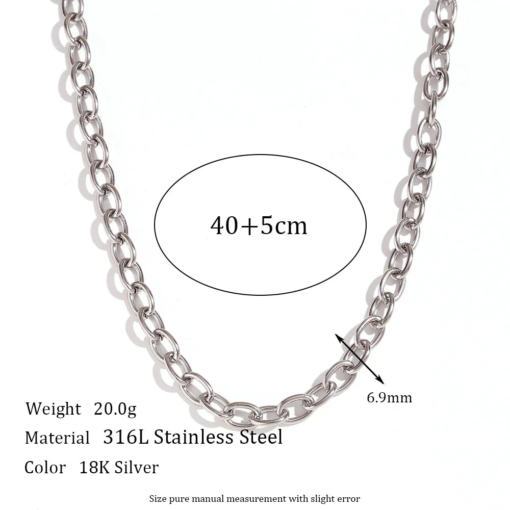 18K Gold Plated Stainless Steel Oval Link Chain Jewelry Set – 7mm Chunky Silver Color Choker Necklace, Bracelet & Anklet Accessories