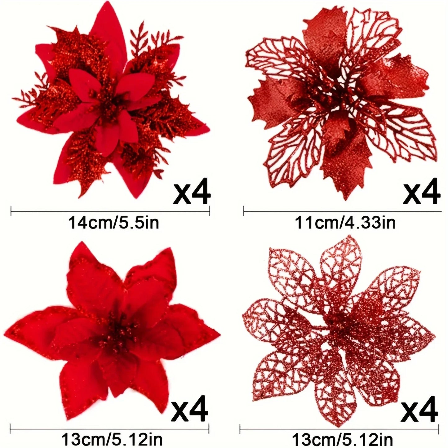 8/16PCS Glitter Artificial Christmas Flowers | Xmas Tree Decorations & Home Ornaments for 2025 New Year