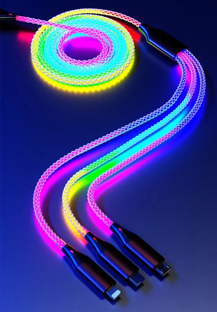 6A RGB 3-in-1 Fast Charging Cable – Colorful Breathing Light USB Data Cord for Car & Universal Use