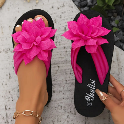 Women’s Floral Flip Flops – Slip-On Mid Heel Sandals, Fabric Upper & EVA Sole, Summer Casual Vacation Footwear