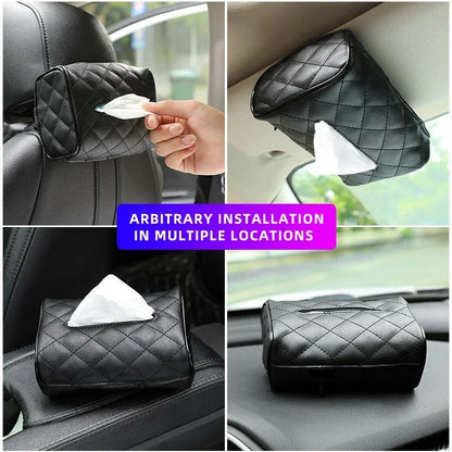 Checkered Leather Car Tissue Box – Solid Color, Wear-Resistant Sunshade Hanging Bag with Buckle Strap, Easy Installation