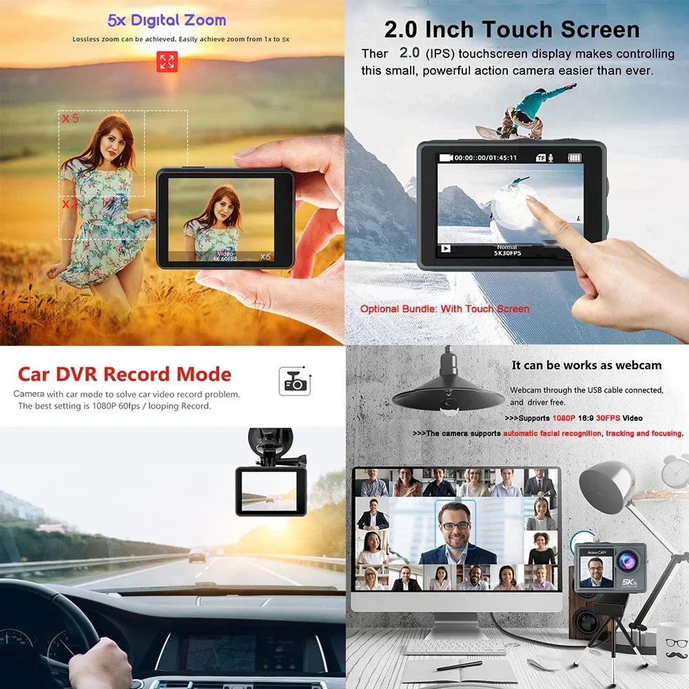F6W Action Camera — 5K/4K60FPS, 48MP, 2.2" Touch LCD, EIS, Dual Screen, Wi-Fi, 170° Waterproof 30M, 8X Zoom Sports Camera with Wireless Mic