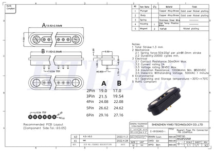 2A Waterproof Magnetic Pogo Pin Connector – 2.54mm Spring-Loaded DC Power Socket, 2-6 Positions