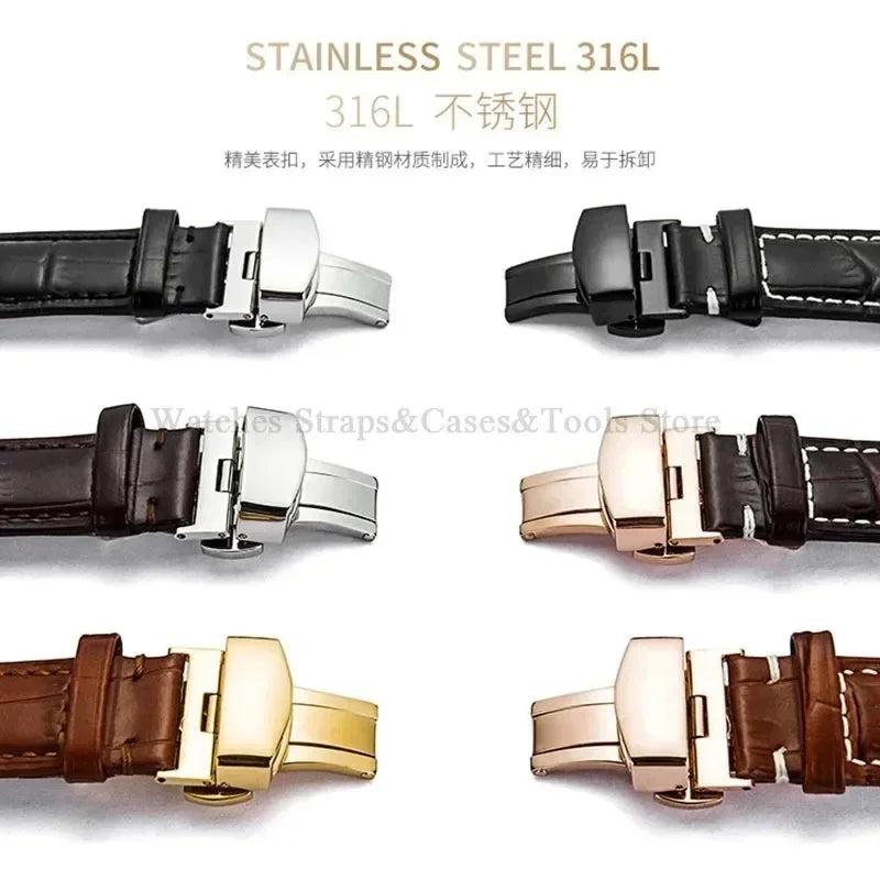 Universal Genuine Leather Watch Band 12–24mm with Butterfly Clasp – Premium Strap for Men & Women (Gift Box Included)