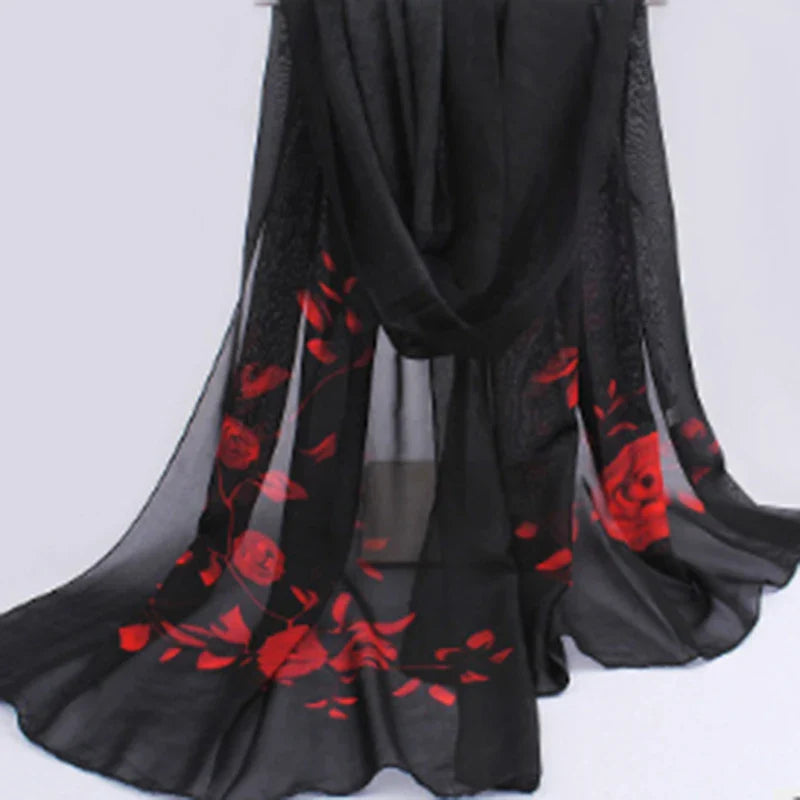 Women’s Chiffon Scarf – Long Butterflies & Branch Pattern Shawl, Elegant Versatile Retro Fashion Accessory