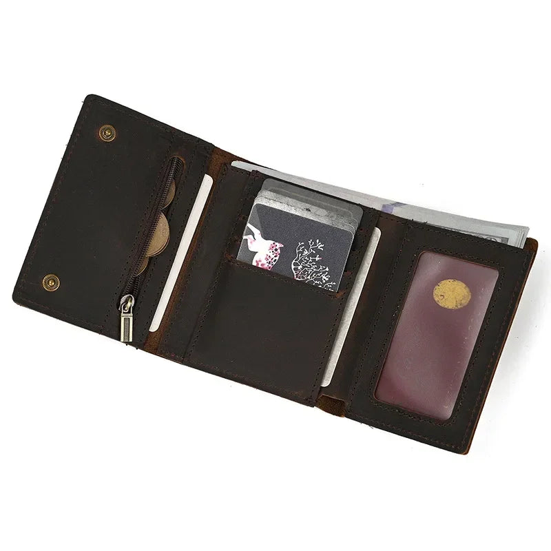 Men's Genuine Leather Short Wallet with Chain – Zipper Clutch, Trifold Purse, Card Holder & Coin Purse for Men