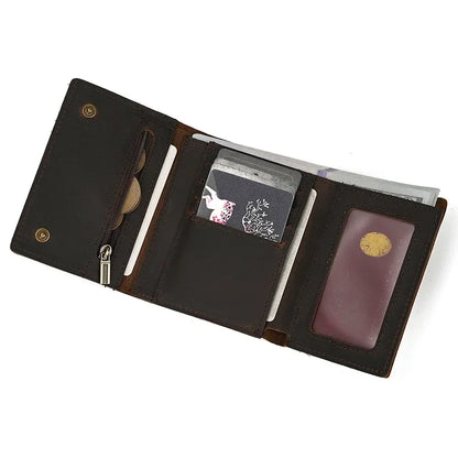 Men's Genuine Leather Short Wallet with Chain – Zipper Clutch, Trifold Purse, Card Holder & Coin Purse for Men