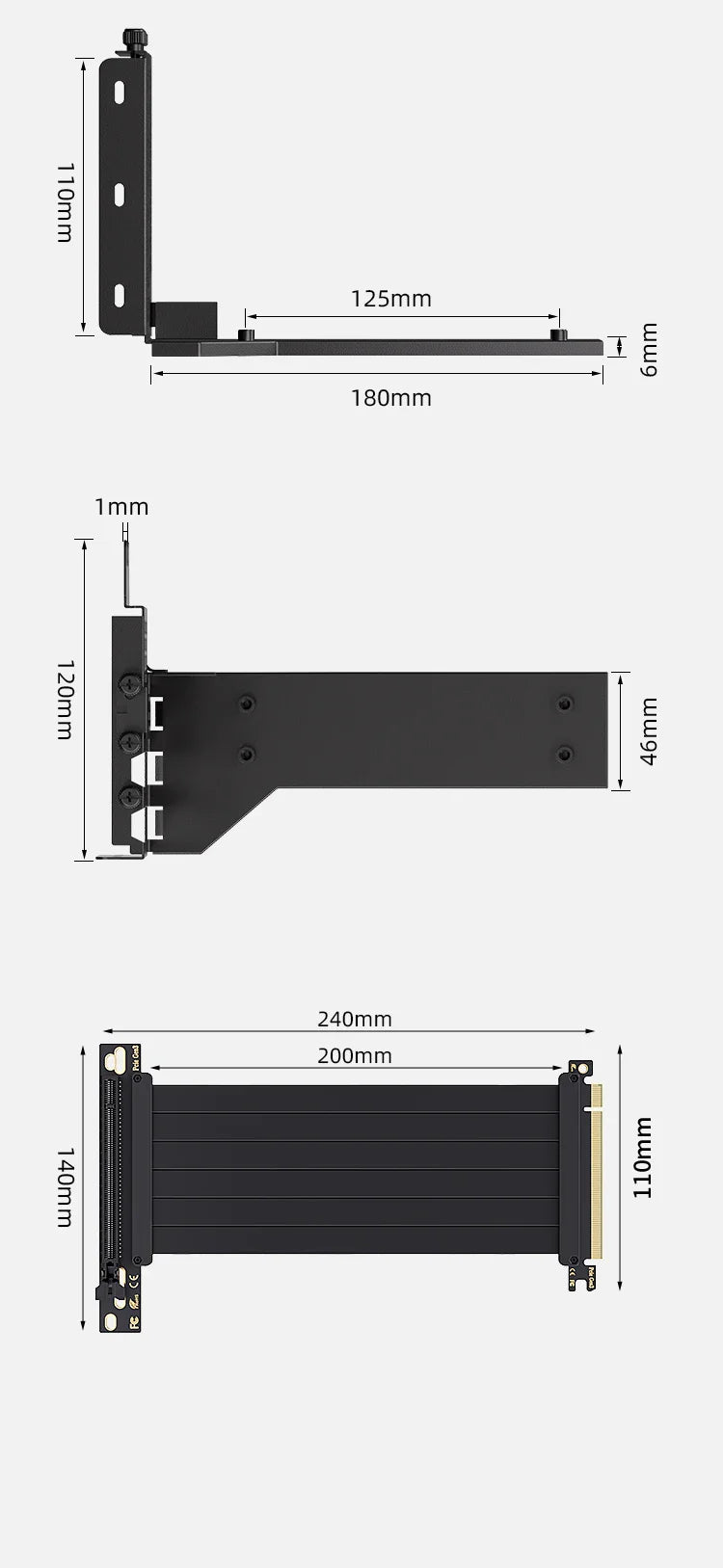 TEUCER L-Z3 GPU Vertical Mounting Bracket Kit – PCIe 4.0 X16 Riser Cable 200mm for Graphics Card Steering Mount